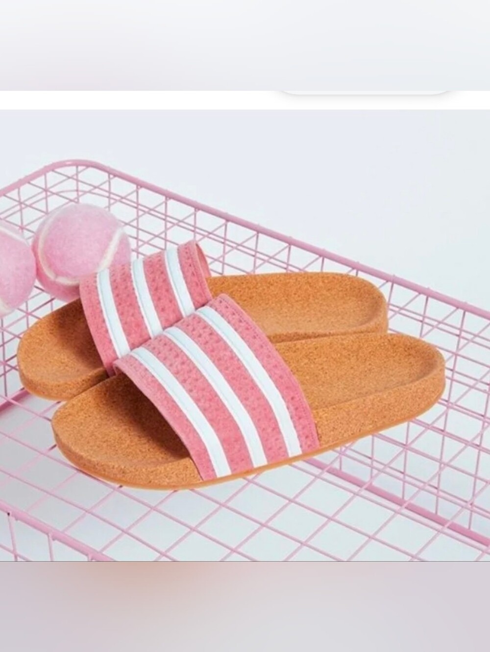 adidas Pink and White Adilette Slide Sandals Cork Suede Sz 9 New
